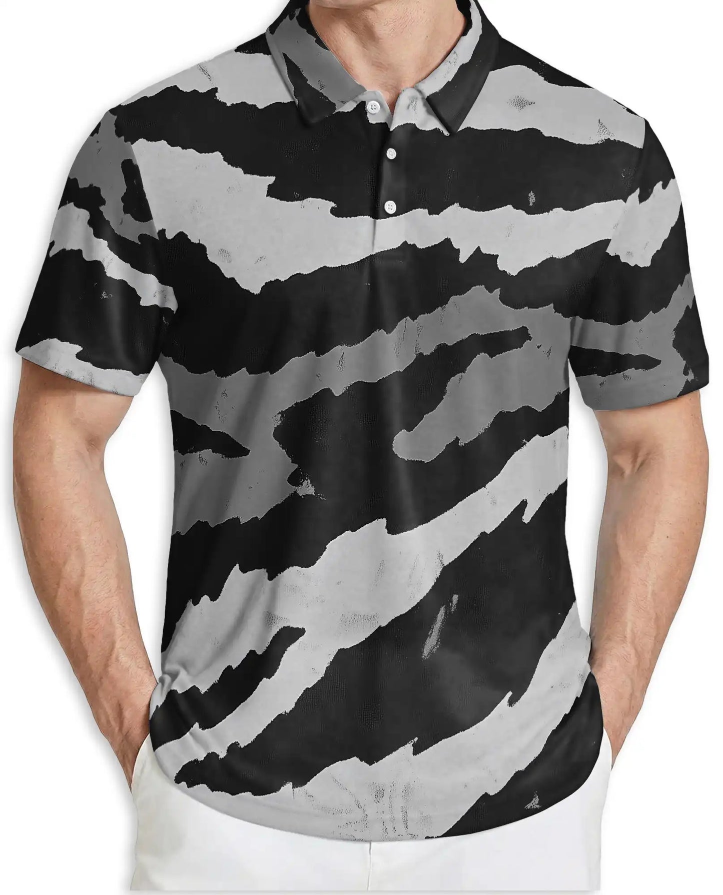 Black White Abstract 3D Polo Shirt for Men – Modern Brushstroke Style | Netecom