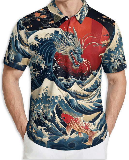 Dragon Wave 3D Polo Shirt for Men – Japanese Koi Ocean Style | Netecom