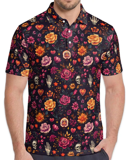 Floral Sugar Skull Polo Shirt for Men-Gothic Rose Skeleton Inspired | Netecom