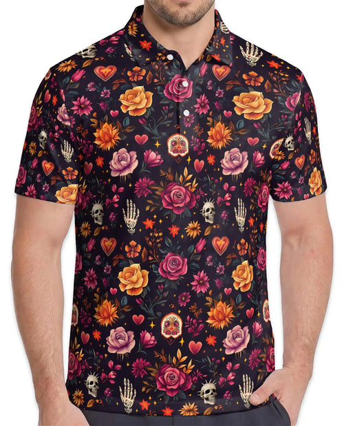 Floral Sugar Skull Polo Shirt for Men-Gothic Rose Skeleton Inspired | Netecom