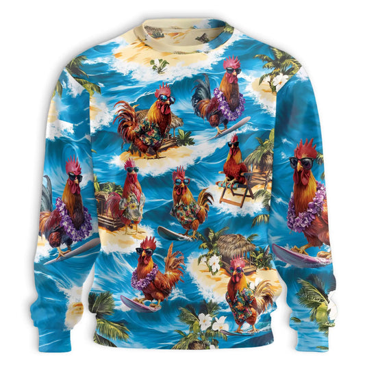 Chicken Surfing Sweatshirt, 3D All Over Print Funny Beach Animal Crewneck Pullover for Men Women, Chicken Lover Gift - Netecom