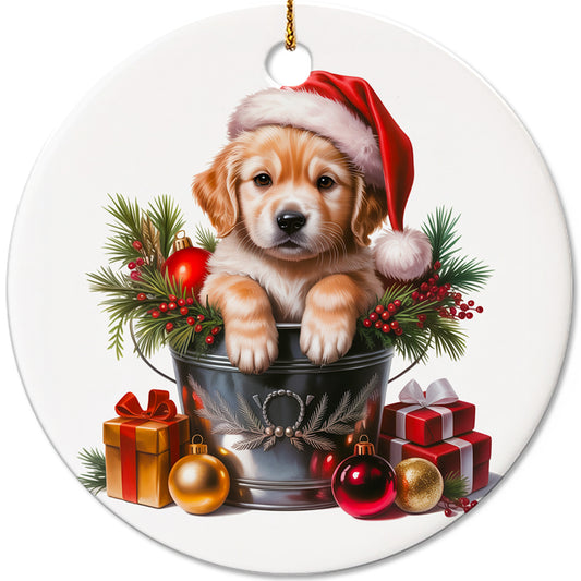 Netecom Cute Golden Retriever in Bucket Ornament, Dog with Santa Hat Ceramic Ornament for Christmas Tree Hanging Decorations Gift, Puppy Lover Gifts, Home Decor, Holiday Party Present