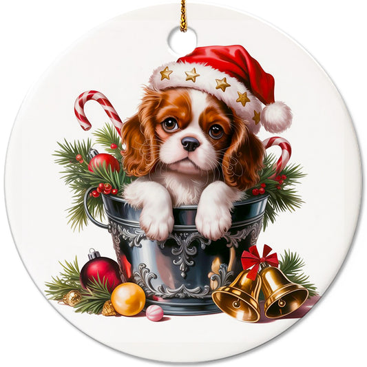 Netecom Cute Cavalier King Charles Spaniel in Bucket Ornament, Dog with Santa Hat Ceramic Ornament for Christmas Tree Hanging Decorations Gift, Puppy Lover Gifts, Holiday Party Present
