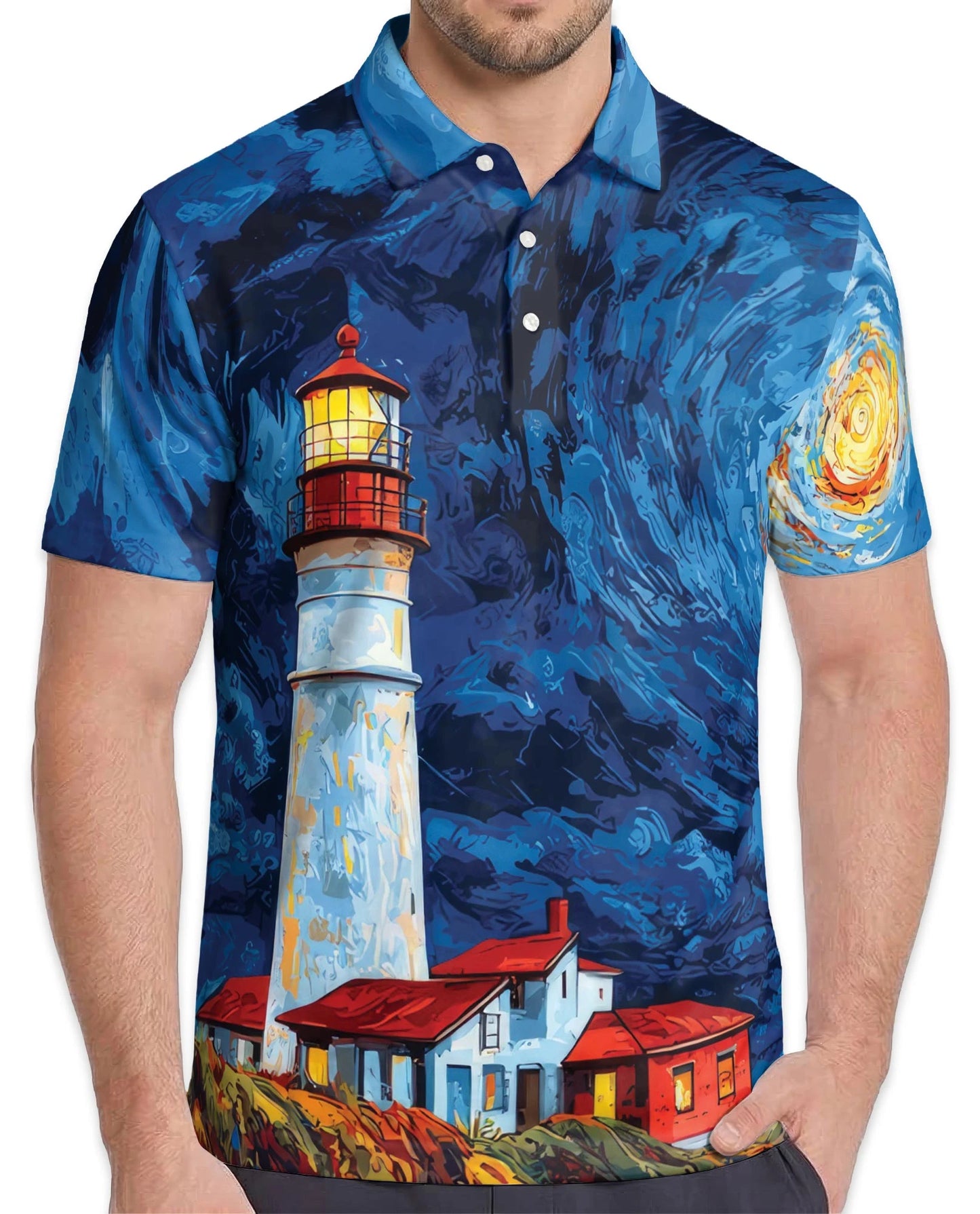 Lighthouse Starry Night Polo Shirt for Men – Coastal Art Style | Netecom