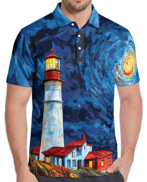Lighthouse Starry Night Polo Shirt for Men – Coastal Art Style | Netecom