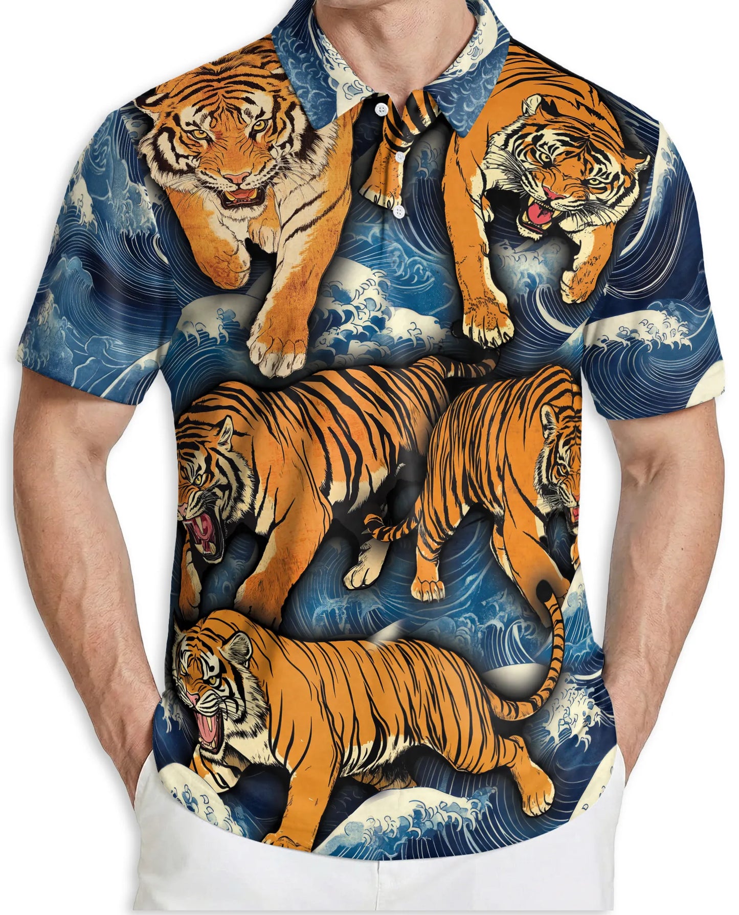Tiger Wave 3D Polo Shirt for Men – Japanese Ocean Animal Style | Netecom