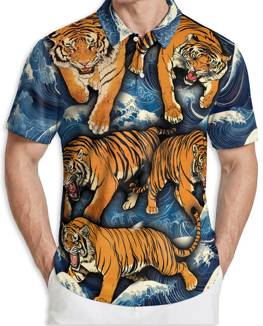 Tiger Wave 3D Polo Shirt for Men – Japanese Ocean Animal Style | Netecom