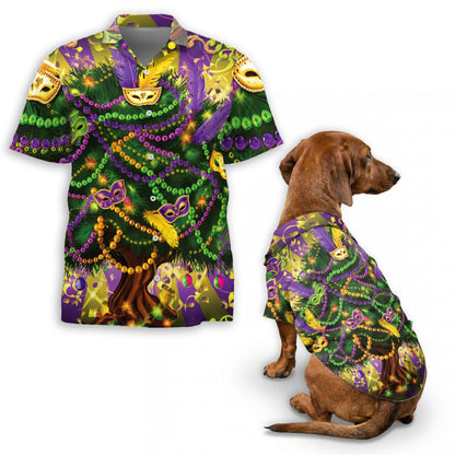 Netecom Matching Mardi Gras Tree Hawaiian Shirt for Dog and Owner, Festive Aloha Summer Shirt, Colorful Tree Print Button Down Outfit for Pet and Human, Beach Vacation Casual Wear