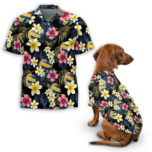 Netecom Matching Volleyball Flower Hawaiian Shirt for Dog and Owner, Aloha Summer Shirt, Volleyball Floral Print Outfit for Pet and Human, Beach Vacation Casual Wear