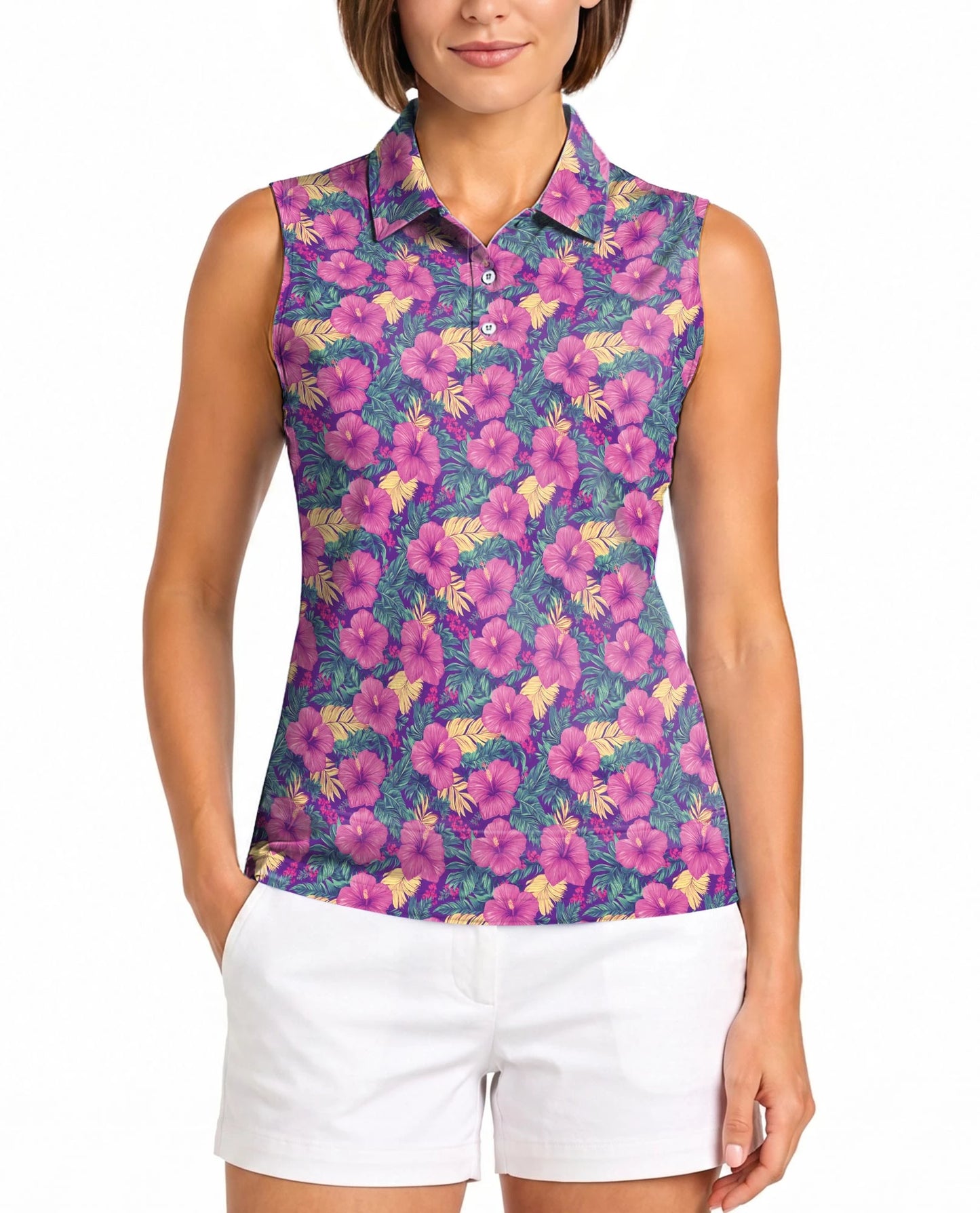 Tropical Hibiscus Purple Sleeveless Polo Shirt for Women | Netecom