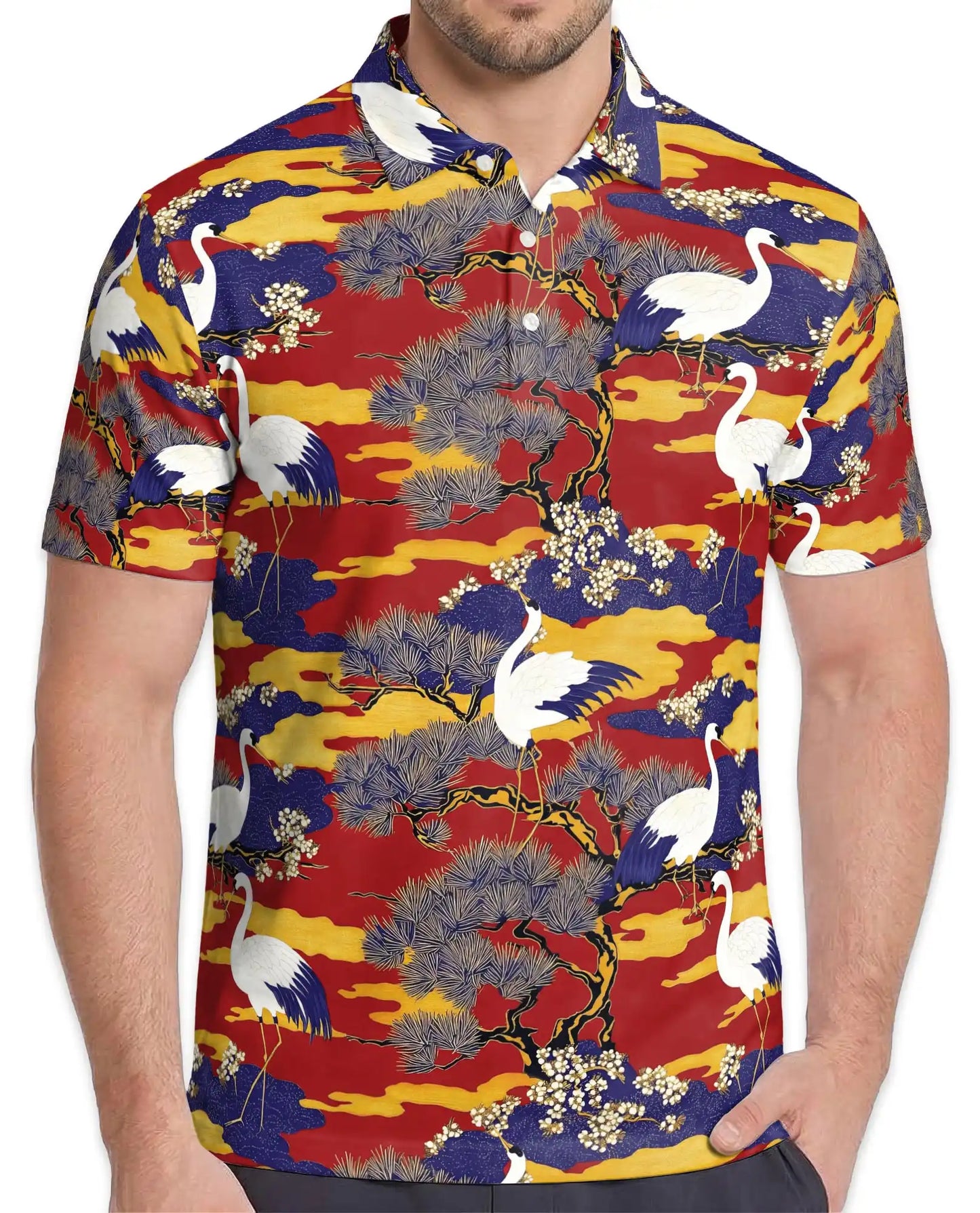 Crane Bird Polo Shirt for Men – Japanese Garden Style | Netecom