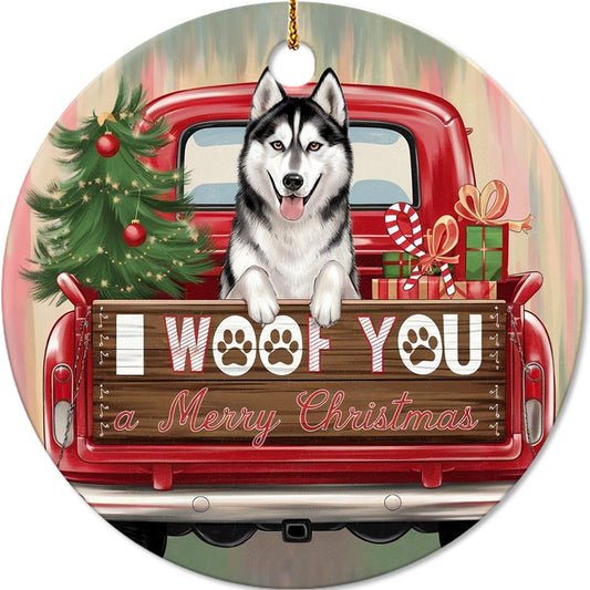 Netecom Funny Siberian Husky in Holiday Truck Ornament, I Woof You a Merry Christmas Ceramic Ornament for Christmas Tree Hanging Decorations Gift, Pet Lover Gifts, Holiday Party Present