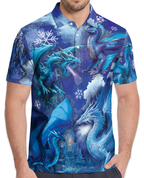 Blue Ice Dragon Polo Shirt for Men – Winter Fantasy Design | Netecom