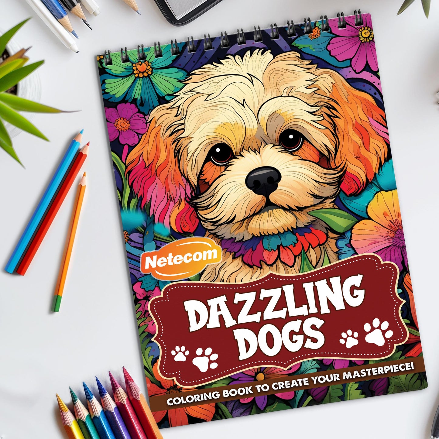 Dazzling Dogs Spiral Bound Coloring Book, Captivating Dog Scenes for Animal Lovers, Ideal for Canine Admirers and Artistic Fun