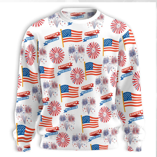 American Flag Fireworks Sweatshirt, 3D All Over Print Patriotic 4th of July Crewneck Pullover for Men Women, USA Independence Day Gift - Netecom