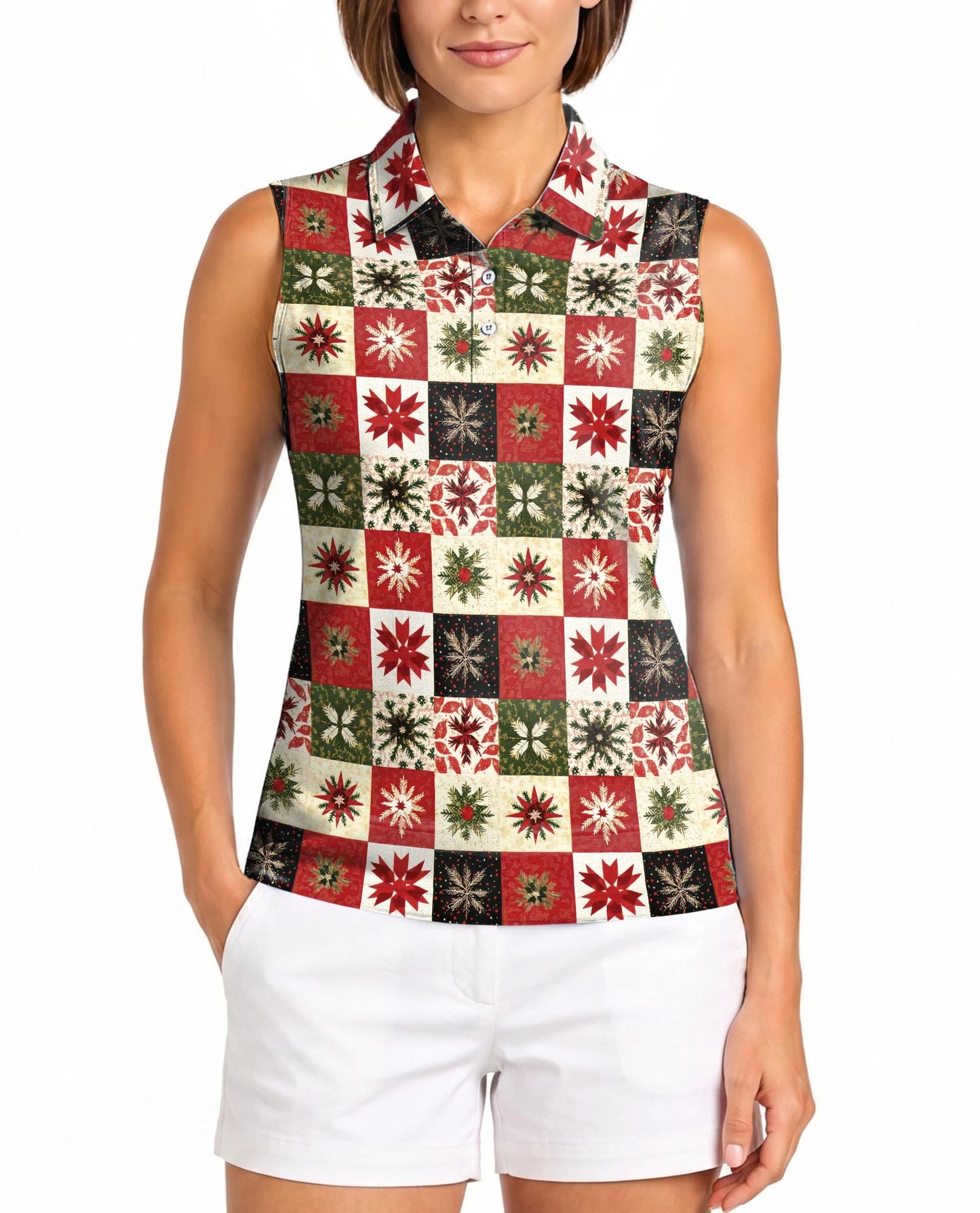 Christmas Quilt Pattern Sleeveless Polo Shirt for Women | Netecom
