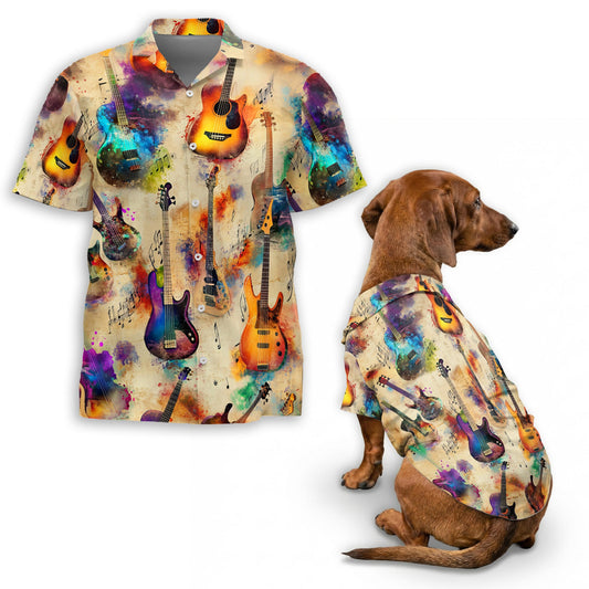 Netecom Matching Vintage Guitar Aloha Hawaiian Shirt for Dog and Owner, Aloha Summer Shirt, Retro Music Guitar Print Outfit for Pet and Human, Beach Vacation Casual Wear