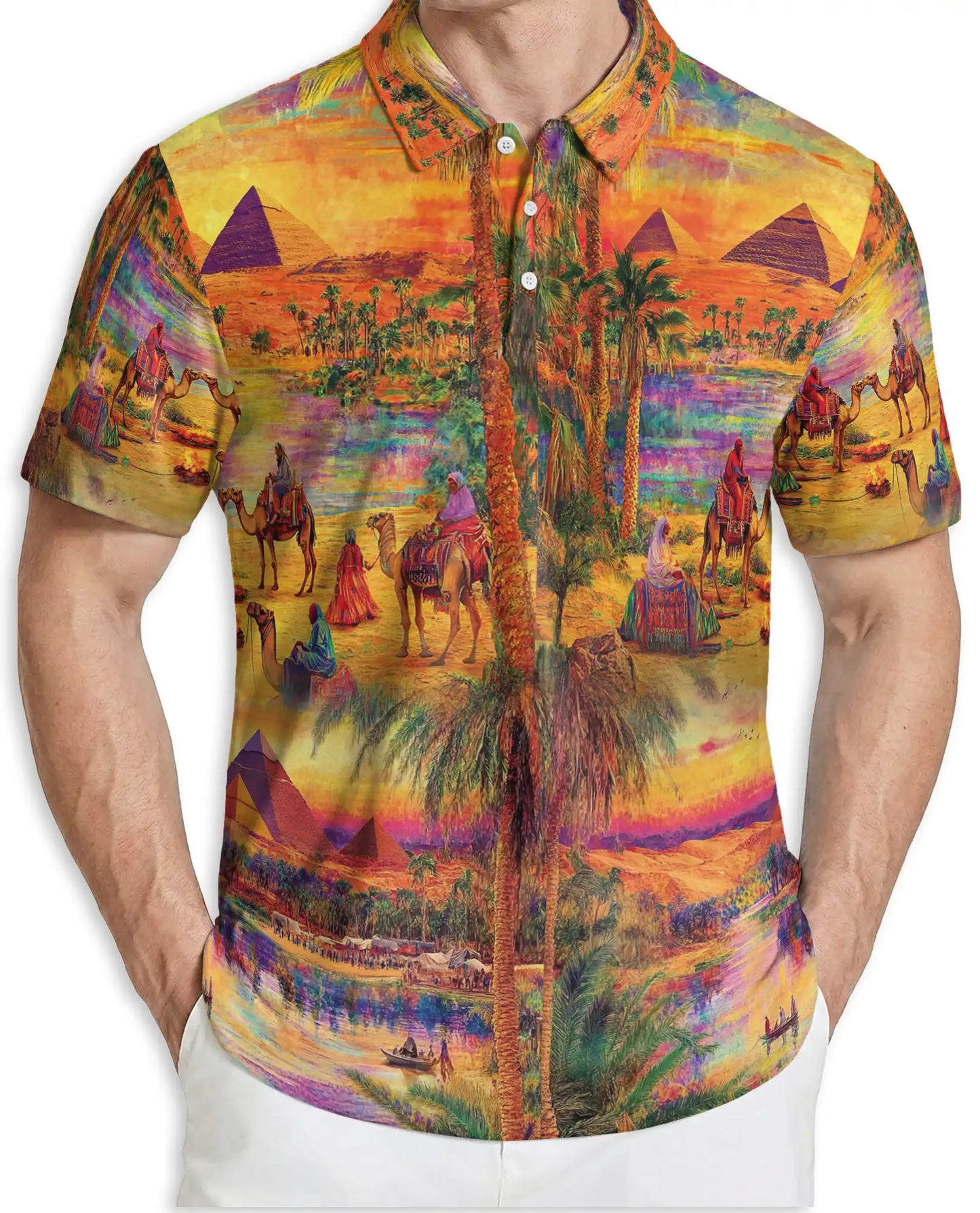 Egyptian Desert Pyramid 3D Polo Shirt for Men – Camel Oasis Travel Style | Netecom