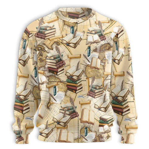 Vintage Book Sweatshirt, 3D All Over Print Retro Literature Crewneck Pullover for Men Women, Book Lover Gift - Netecom