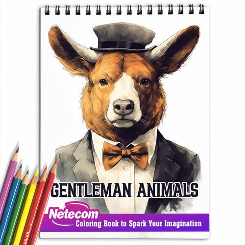 Netecom Gentleman Animals Spiral Bound Coloring Book, 30 Charming Gentleman Animals Coloring Pages for Coloring Enthusiasts to Embrace the Classy Persona of Animal Gentlemen