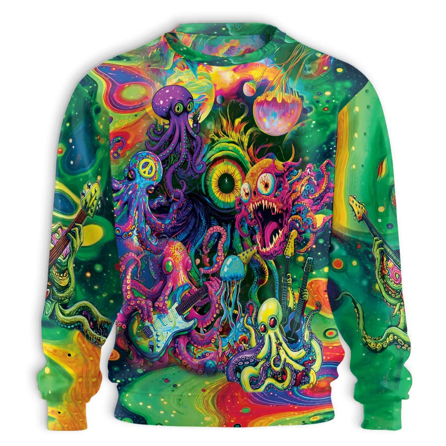 Hippie Octopus Guitar Sweatshirt, 3D All Over Print Psychedelic Ocean Crewneck Pullover for Men Women, Music and Ocean Lover Gift - Netecom