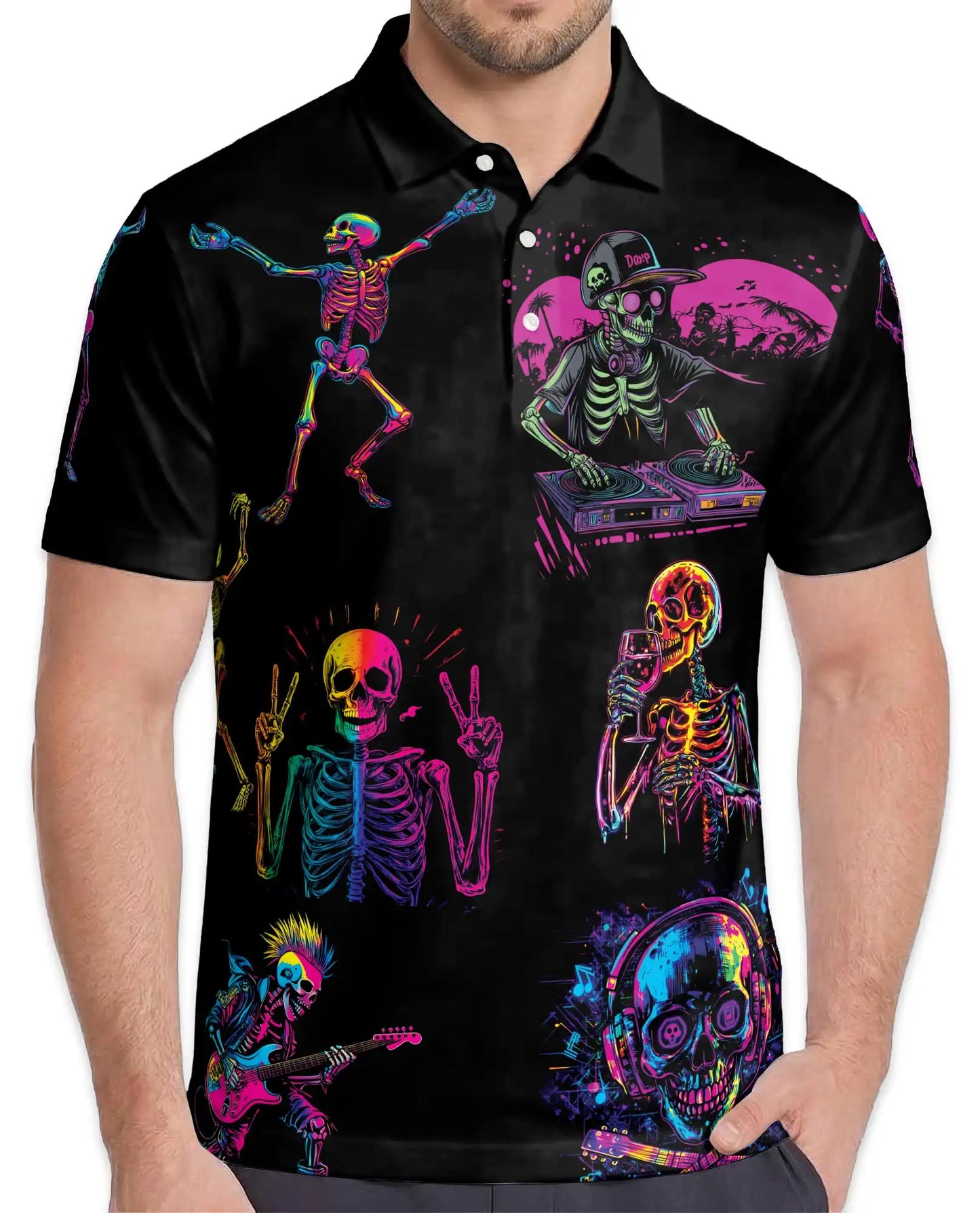 Neon Skeleton Polo Shirt - Retro Music Festival Style | Netecom