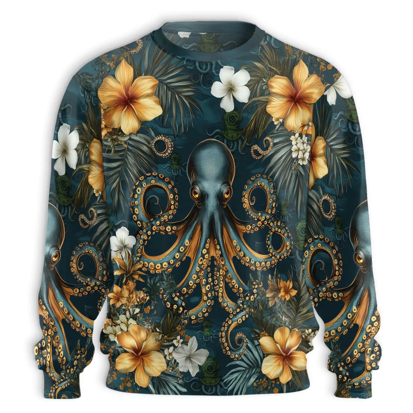 Tropical Floral Octopus Sweatshirt, 3D All Over Print Ocean Flower Crewneck Pullover for Men Women, Octopus Lover Gift - Netecom