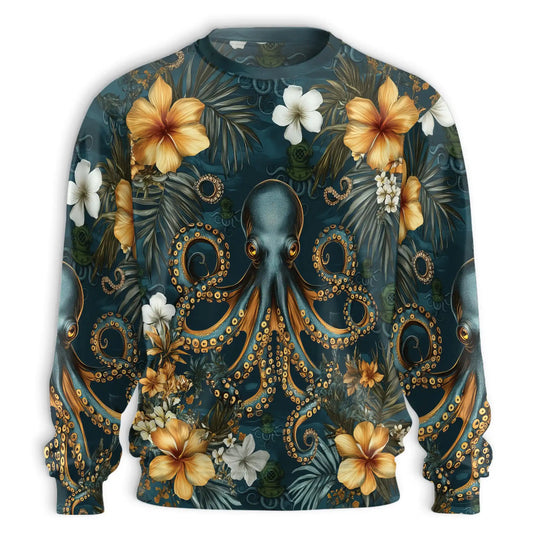 Tropical Floral Octopus Sweatshirt, 3D All Over Print Ocean Flower Crewneck Pullover for Men Women, Octopus Lover Gift - Netecom