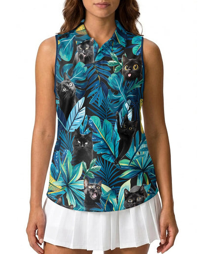 Black Cat Tropical Leaf Sleeveless Polo Shirt for Women | Netecom