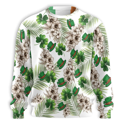 Irish Tropical Shamrock Hibiscus Pattern Sweatshirt, 3D All Over Print St Patrick's Day Floral Crewneck Pullover for Men Women, Irish Gift - Netecom