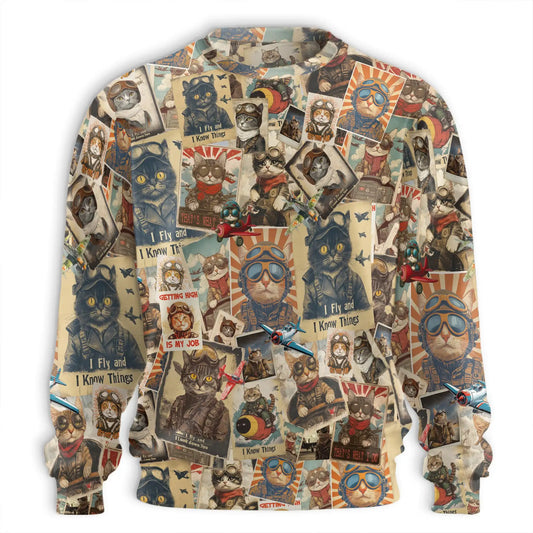 Pilot Cat Sweatshirt, 3D All Over Print Retro Aviation Crewneck Pullover for Men Women, Cat Lover Gift - Netecom