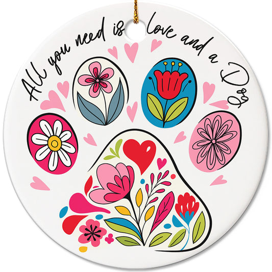 Netecom Vintage All You Need is Love and a Dog Ornament, Colorful Floral Paw Ceramic Ornament for Xmas Tree Hanging Decorations Gift, Dog Lover Giffts, Holiday Party Present
