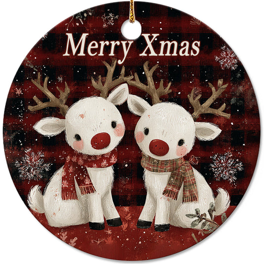 Netecom Vintage Reindeer Couple Ornament, Merry Christmas Buffalo Plaid Ceramic Ornament for Xmas Tree Hanging Decorations Gift, Animal Lover Gifts, Holiday Party Present