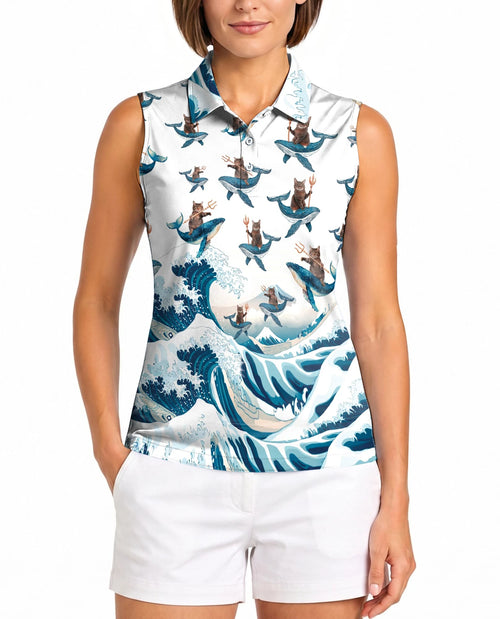 Cat Riding Whale Funny Sleeveless Polo Shirt for Women | Netecom