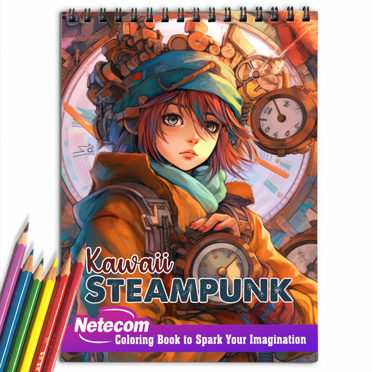 Kawaii Steampunk Girls Spiral Bound Coloring Book, Embark on a Coloring Journey with 30 Pages of Adorable Steampunk Girls in a Whimsical World