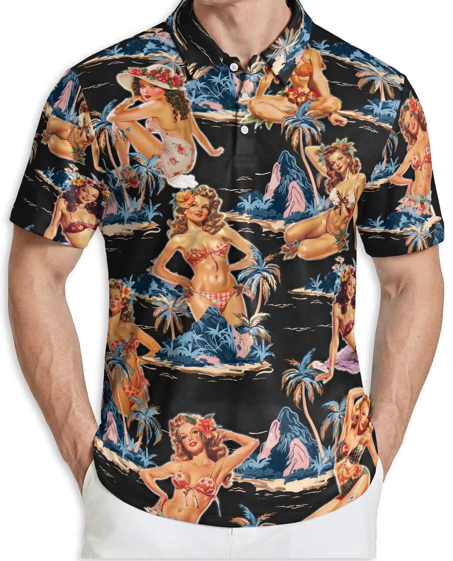 Tropical Pin Up Polo Shirt - Vintage Island Night Style | Netecom