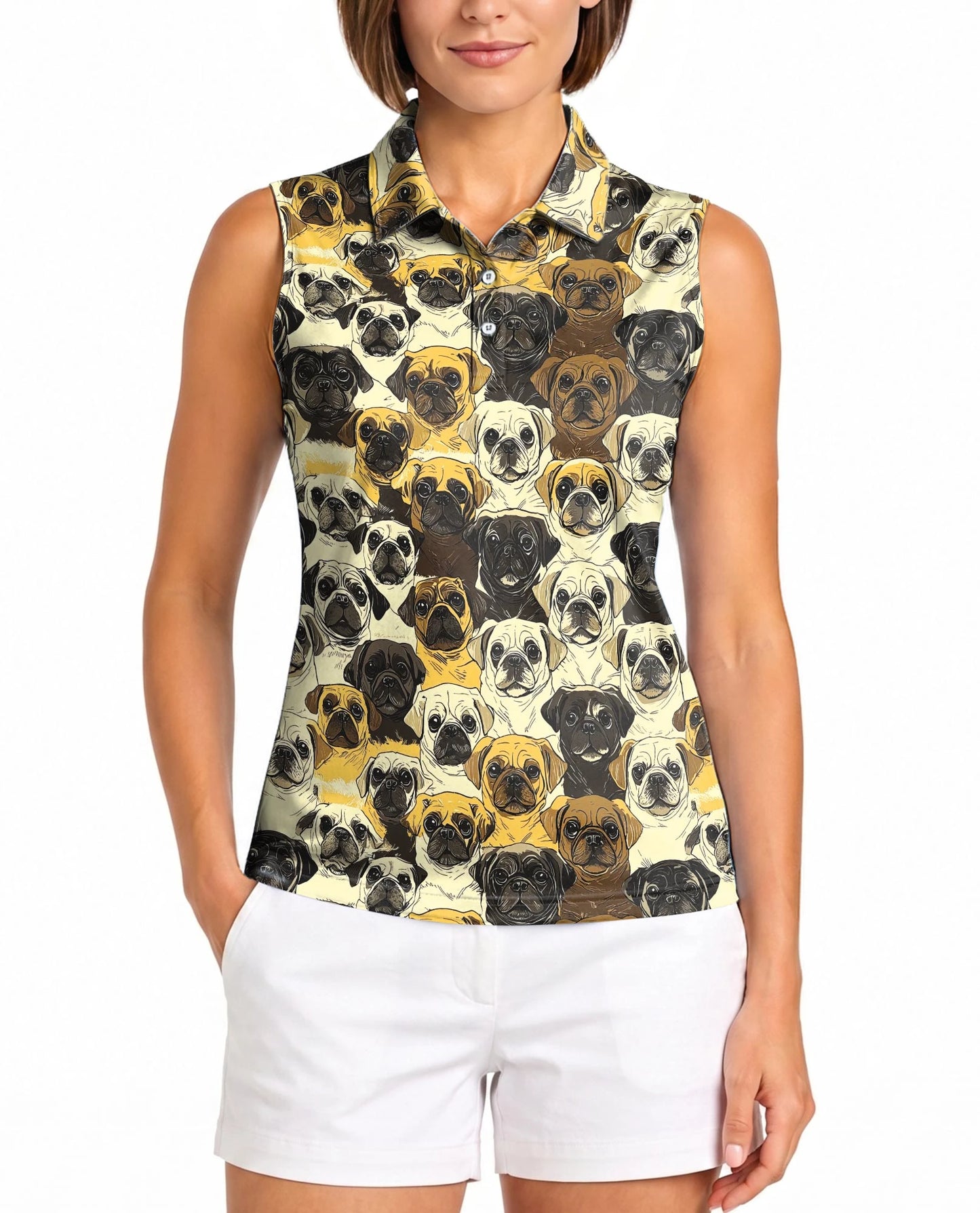 Pug Dog Pattern Sleeveless Polo Shirt for Women | Netecom