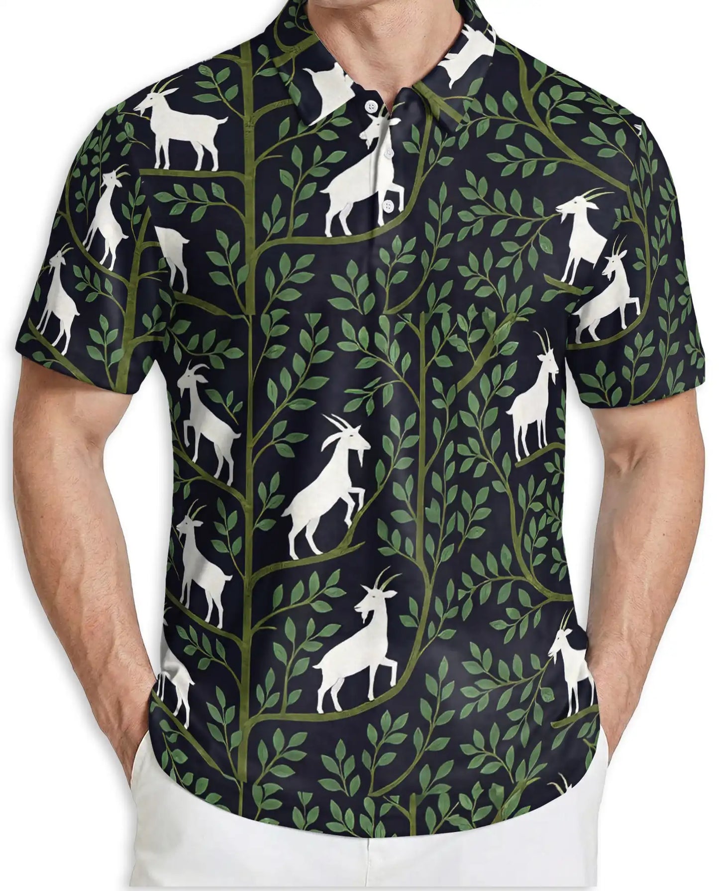 Botanical Goat Polo Shirt – Woodland Nature Print | Netecom