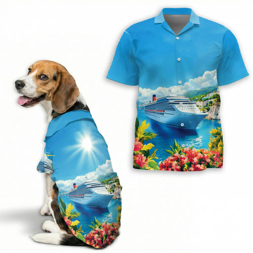 US Cruise Ship Travel Scene Hawaii Dog and Owner Matching Button Shirts