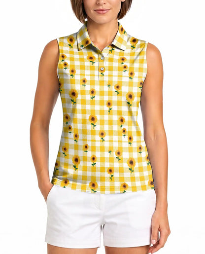 Yellow Gingham Sunflower Sleeveless Polo Shirt for Women | Netecom