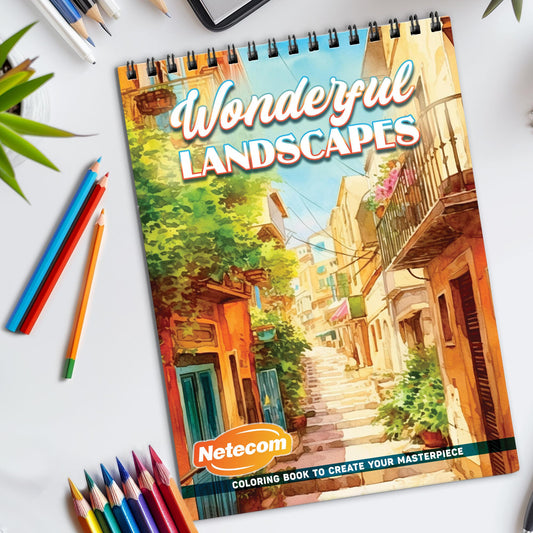 Wonderful Landscapes Spiral Bound Coloring Book, Stunning Landscapes for an Immersive Coloring Journey, Great for Nature Lovers and Scenery Admirers