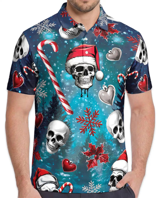 Christmas Skull 3D Polo Shirt for Men – Gothic Holiday Horror Style | Netecom
