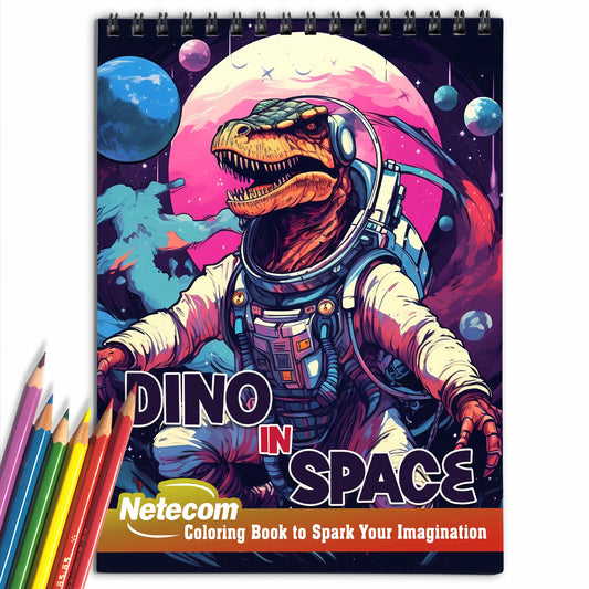 Dino In Space Spiral Bound Coloring Book, Unleash Your Creativity with 30 Mesmerizing Dino in Space Coloring Designs