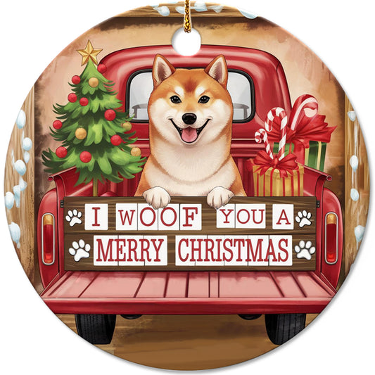Netecom Cute Shiba Inu in Holiday Truck Ornament, I Woof You a Merry Christmas Ceramic Ornament for Christmas Tree Hanging Decorations Gift, Dog Lover Gifts, Holiday Decor Present