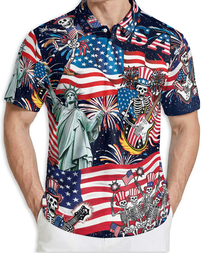 USA Skeleton Rock Band Patriotic 4th Of July Polo Shirt | Netecom