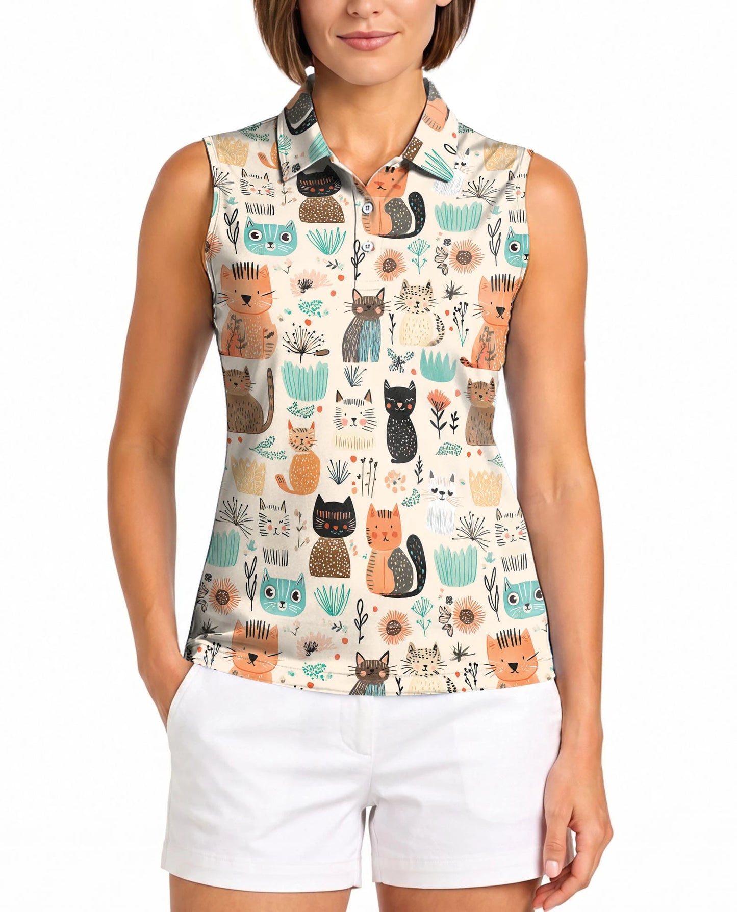 Cat Abstract Trees and Flowers Sleeveless Polo Shirt for Women | Netecom