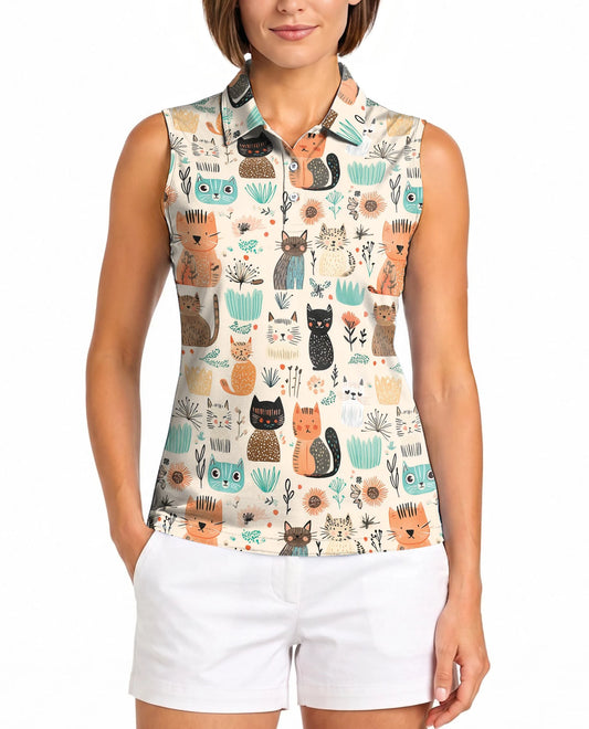 Cat Abstract Trees and Flowers Sleeveless Polo Shirt for Women | Netecom