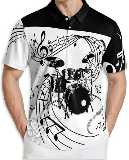Drum Music 3D Polo Shirt for Men – Black White Band Art Style | Netecom
