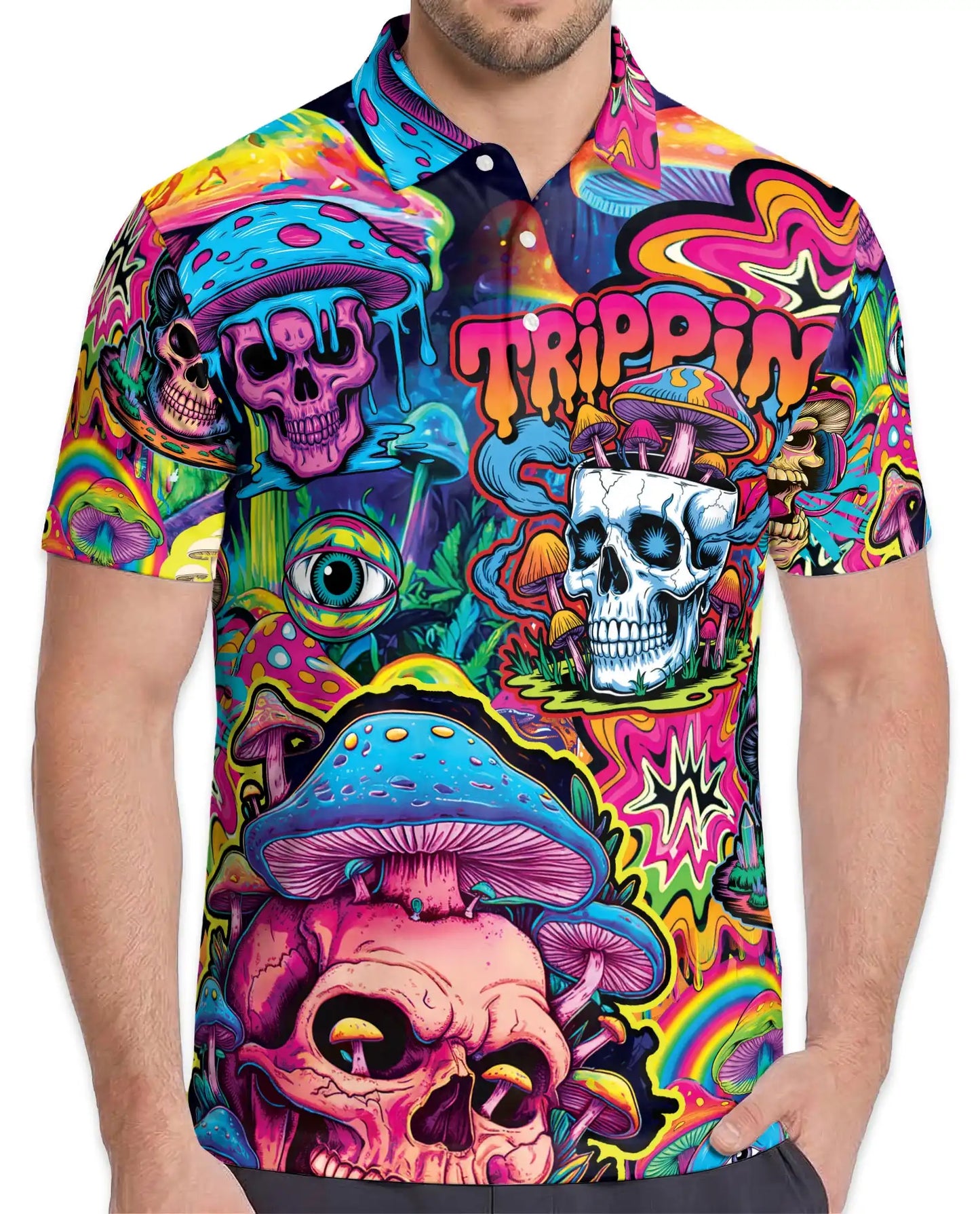 Trippy Psychedelic Skull Polo Shirt for Men – Colorful Mushroom Art | Netecom