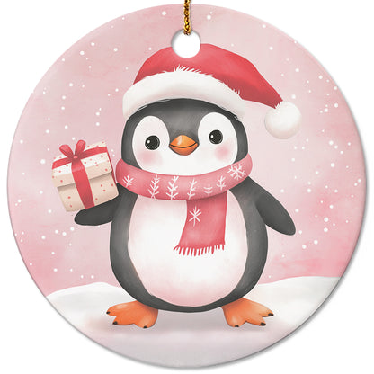 Netecom Cute Pink Penguin in Snow Christmas Ornament, Ceramic Animal Keepsake Ornament for Xmas Tree Decorations, Penguin Lover Gift, Gifts for Holiday, Party, Home Decor